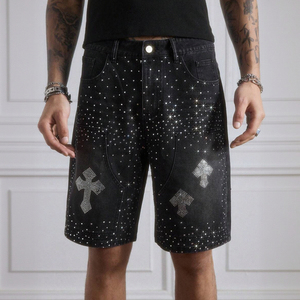Shorts Bermuda en jean tissé pour homme, ornés de strass et de sequins, à motif croisé, taille mi-haute, style urbain - Product Image 6