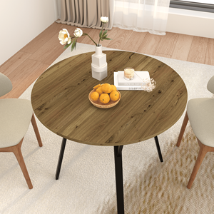 Modern 35.43 Inch Round Dining <b>Table</b> <b>Small</b> <b>Kitchen</b> <b>Table</b> with Metal Black Legs for 2-4 People Brown Finish for the Dining Room - Product Image 1