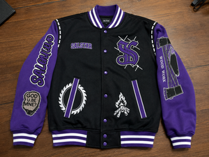 Veste bomber varsity noire en laine pour homme, manches en cuir violet, broderies, patchs, streetwear, veste de baseball - Product Image 6