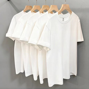 T-shirt en coton blanc pour homme, manches courtes, col rond, coupe classique, décontracté, couleur unie, jersey tricoté, design uni - Product Image 1