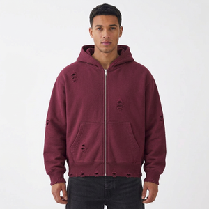 Sweat à capuche zippé pour homme, effet vieilli, avec impression graphique personnalisée, en molleton épais, style streetwear urbain, fabricant grossiste - Product Image 1