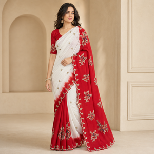 Bridal Vintage Silk <b>Saree</b> Indian Wedding Party Embroidery White <b>Red</b> Traditional Ethnic Wear Wholesale Heavy Work Ladies Boutique - Product Image 1
