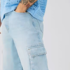 Shorts en jean décontractés pour hommes, taille mi-haute élastique, coupe ample en coton, longueur genou, bleu délavé, pour l'été et le quotidien - Product Image 4