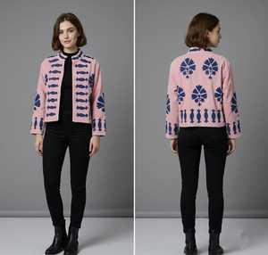 Women's Hand Embroidered Woven Cotton Lining Floral <b>Velvet</b> Short Pullover Jacket Boho Mandarin Collar Full Sleeve 700 GM Spring - Product Image 5