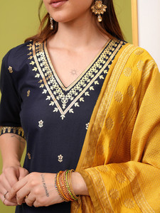 Navy Blue Embroidered Silk Quick Dry <b>Kurta</b> Palazzos Dupatta Traditional Indian Pakistani Set <b>Women</b> Casual Wear Regular Fit - Product Image 4