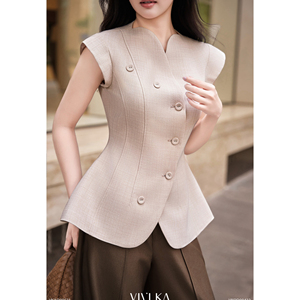 Chaleco Elegante Beige Asimétrico para Mujer, con Mangas Cortas, Estilo Oficina, Moderno, Casual de Negocios, Marca YONA - Product Image 5