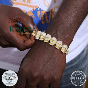 Men's Gold Plated 925 <b>Silver</b> Moissanite Skull <b>Cuff</b> <b>Bracelet</b> Hiphop Style Everyday Wear Cuban Link - Product Image 1