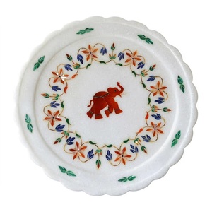 Natural White Marble Inlay Round Elephant Design Luxury Decorative Handmade 10mm Thick Home Decor Gift <b>Plate</b> - Product Image 2