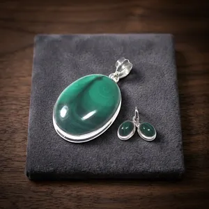 Gorgeous Malachite Sterling Silver Jewelry Set With Elegant Pendant Earrings Pretty Multicolor Gemstone Design For Women - Product Image 4