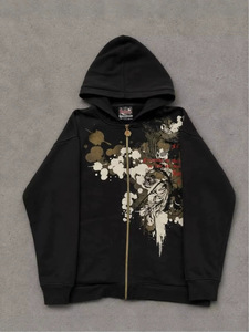 Sweat-shirt à capuche noir gothique surdimensionné pour homme, avec fermeture éclair, broderie 3D, veste à capuche graphique, streetwear d'hiver - Product Image 3