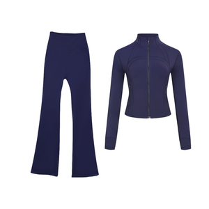 Women's Blue 2 Piece Yoga Set Full <b>Zip</b> Jacket Flare Pants High Waist Seamless Stretchy Workout Suit - Product Image 3