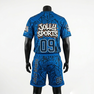 Ensemble maillot et short de football en polyester interlock premium 180 GSM, bleu, panneaux sublimés, logo personnalisé, pour homme - Product Image 4