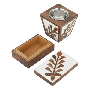 Floral Wood Inlay Incense Burner Set Bulk Luxury Mango Wood Bakhoor Censer with White Resin Inlay <b>Matching</b> Storage <b>Box</b> and Tray - Product Image 2