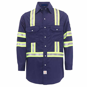 Chemise de travail réfléchissante haute visibilité bleu marine pour homme, manches longues avec bandes jaunes argentées, en coton - Product Image 1