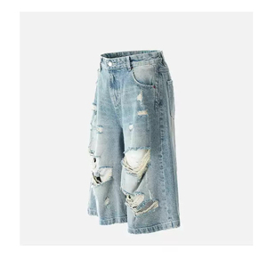 Pantalones Cortos de Mezclilla Vintage Desgastados con Bordados y Parches, Estilo Hip Hop, Holgados, para Hombre, Venta al Por Mayor Personalizada - Product Image 1