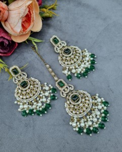 Conjunto de collar de piedra con corte radiante y pendientes a juego, y mangtika, chapado en oro antiguo, joyería étnica de moda al por mayor - Product Image 3