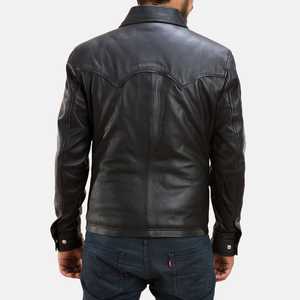 Men's Black Genuine Leather Shirt Jacket With <b>Button</b> Closure Turn-down Collar Casual Style Autumn Wear - Product Image 2