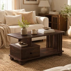Table basse en bois d'ingénierie avec tiroir, finition Junglewood, table centrale moderne pour salon, coin canapé, décoration de meubles de maison - Product Image 2
