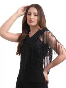 Capelet noir à franges perlées, à volants festonnés et à pompons, pour mariage, boléro, veste en polyester - Product Image 3