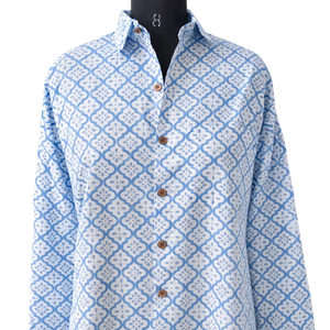 Chemise en coton unisexe bleue imprimée à la main |   Chemise à manches longues à boutons géométriques |   Chemise artisanale faite à la main |   Vêtements Éthiques - Product Image 1