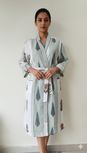 Bata de Baño de Algodón Suave con Rayas Verde Salvia para Mujer, Bata de Spa con Estampado Floral, Bata de Manojo Ligera y Cómoda - Product Image 2