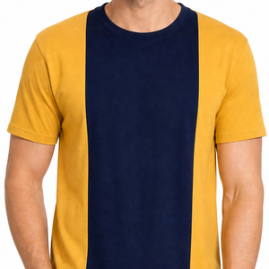 T-shirt à col rond pour homme, jaune et noir, Color Block |   Conception de panneaux verticaux |   T-shirt décontracté en coton coupe classique - Product Image 2