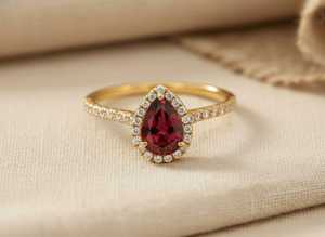 Bague florale en argent 925 original plaqué rhodium avec pierre précieuse ovale en rubis rouge, cadeau d'anniversaire de mariage pour elle - Product Image 1