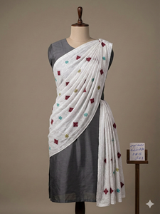 Voile de coton blanc brodé floral pour femme, avec strass, doux et respirant, style ethnique arabe, pour le Hajj et usage quotidien - Product Image 3