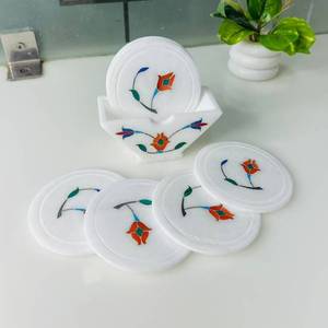<b>White</b> Marble <b>Coaster</b> Set With Floral Inlay Design For Tea & Coffee <b>Coaster</b> Handcrafted Wholesale Available - Product Image 1