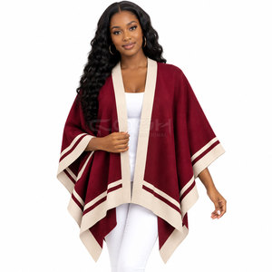 Poncho en tricot décontracté de longueur longue, couleur bordeaux avec bordure crème et manches chauve-souris, de la sororité Cosh International. - Product Image 1