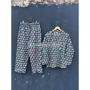 Conjunto de Pijama de Algodón para Mujer, Estampado Floral, Manga Larga, Corte Holgado, Dos Piezas, Cuello en V, Largo hasta la Pantorrilla - Product Image 6