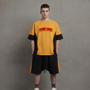 Ensemble T-shirt et short décontracté 100 % coton pour homme, col rond, manches courtes, coupe régulière, poids moyen, style streetwear, couleur unie, vente en gros - Product Image 5