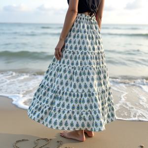 Falda de tela transpirable de algodón puro hecha a mano, estampado de bloque blanco y azul, diseño bohemio gitano, ropa informal para todo el día para mujer, llamativo - Product Image 4