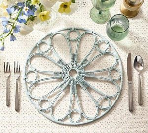 Mantel individual de mimbre tejido al por mayor, cuadrado, hecho a mano, con borde festoneado azul, para decoración de mesa de café - Product Image 3