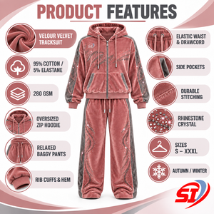 Premium Rose Smoke Royalty 280 GSM Velour <b>Velvet</b> Rhinestone Crystal Tracksuit Hoodie and Baggy Pants OEM Streetwear <b>Jogger</b> - Product Image 6