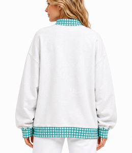 Sudadera informal oversize de cuello simulado para mujer, gris oscuro con estampado de guinga, manga larga, ajuste holgado, forro polar - Product Image 2