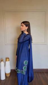 Navy Blue Solid Long Embroidered Woven 3-Piece Salwar Kameez <b>Set</b> Dupatta Top Quick Dry Wrinkle Free Silk Women's Ethnic Outfit - Product Image 2