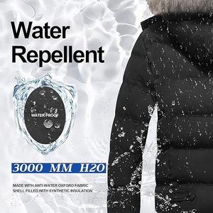 Parka noire à capuche pour homme avec garniture en fourrure, col montant, imperméable, en polyester, vêtement d'extérieur décontracté, coupe classique - Product Image 5