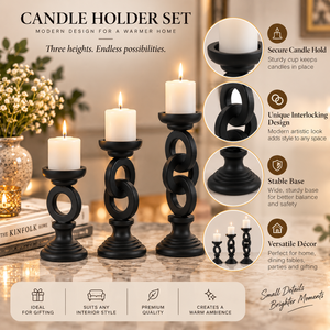 Decorative <b>Black</b> <b>Candle</b> <b>Holder</b> Set of 3 with Linked Ring Design for Table Decor | Modern Pillar <b>Candle</b> Stands for Home and Gifts - Product Image 5
