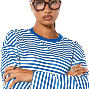 Camiseta a Rayas de Manga Larga con Cuello Redondo de Alta Calidad al por Mayor, Ajuste Holgado, Informal, de Verano para Mujer, Tejida, 100% Algodón - Product Image 5