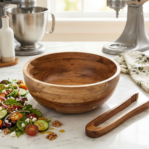 ชามไม้ธรรมชาติสำหรับผสมและเสิร์ฟ ชามสลัดไม้ทำมือ ชามไม้ OEM อุปกรณ์ครัวไม้ ผู้จำหน่ายชามไม้ - Product Image 4