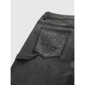 Men's Straight Woven Denim <b>Shorts</b> with Rhinestone Custom Logo High Quality <b>Waterproof</b> & Eco-Friendly - Product Image 3