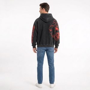 Sweat à capuche oversize noir personnalisé pour homme, 100 % coton French Terry, streetwear, avec imprimé crâne rouge et poche avant, effet délavé - Product Image 4