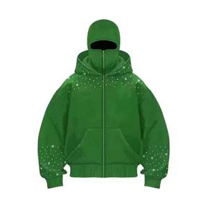 Sweat à capuche zippé de luxe en strass, style streetwear épais, avec masque facial intégré en cristaux - Product Image 3