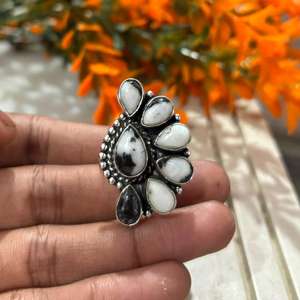 Anillo de Plata de Ley 925 Hecho a Mano al por Mayor con Turquesa Búfalo Blanca Multicorales, Estilo Bohemio Vintage, Gema Opaca - Product Image 4
