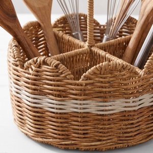 Porte-ustensiles de cuisine en rotin tressé, organisateur de couverts rond avec poignée centrale - Product Image 3