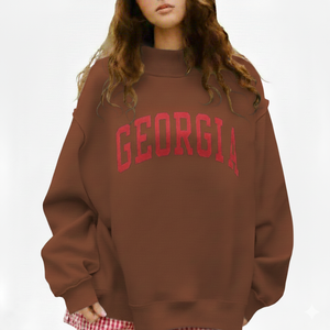 Sweat-shirt gris oversize pour femme à col montant, pull universitaire brodé avec lettres, épaules tombantes, haut décontracté à col montant - Product Image 5