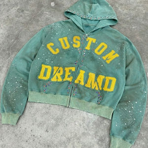 Sudadera con capucha para hombre con diseño de pedrería, estilo oversize, con cremallera y letras aplicadas, efecto desgastado por pulverización y lavado enzimático. - Product Image 6