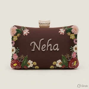 Bolso de Mano Personalizado con Bordado Floral y Cuentas, con Nombre Neha, Color Marrón Oscuro, para Mujer, de 7 Pulgadas - Product Image 1