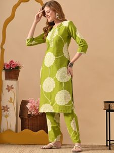 Conjunto de Kurta Verde de Algodón con Estampado Digital para Mujer, Estilo Casual, Holgado, Sin Arrugas, Estilo Veraniego, India, Pakistán - Product Image 5